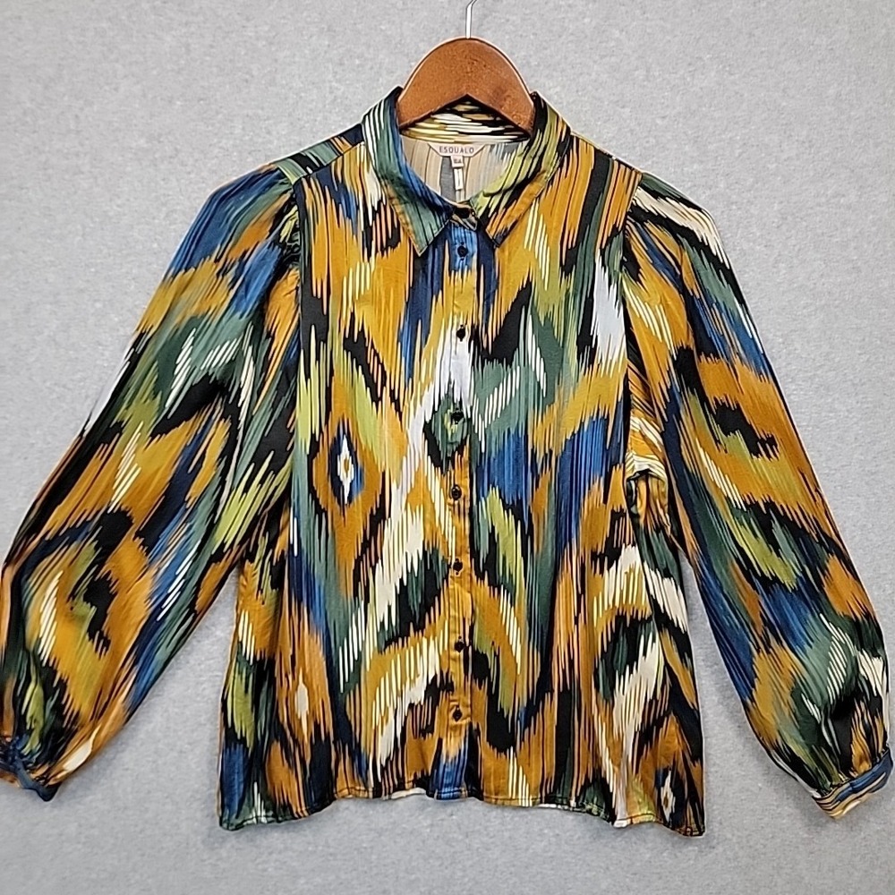 ESQUALO Button Up Blouse Shirt Top Puff Sleeve Colorful‎ Abstract Women's Sz 8